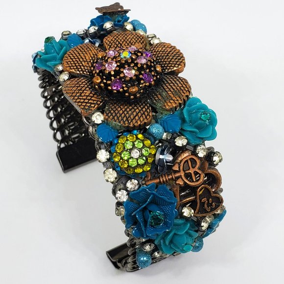 Victorian Steampunk High Detail Copper Turquoise Rose Rhinestone Cuff Bracelet - Picture 6 of 14